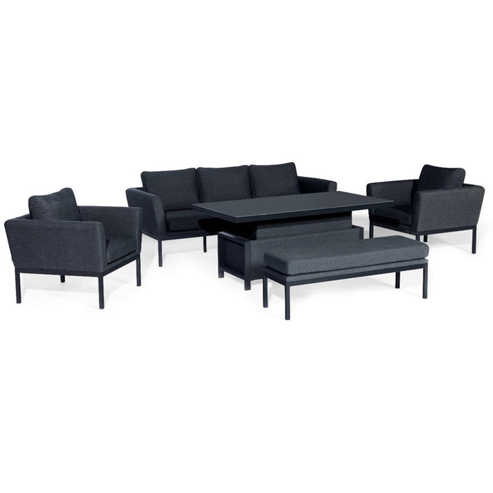 Complete view of the Maze Pulse 3 Seater Sofa Dining Set in Charcoal, featuring the practical rising table, displayed against a white background.