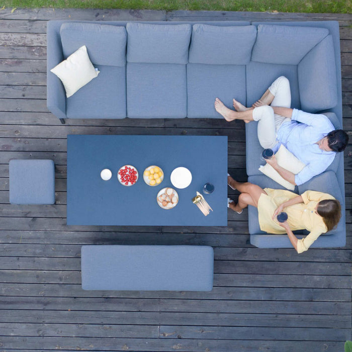 Overhead view of the Pulse Left-Handed Rectangular Corner Dining Set with Rising Table in flanelle, arranged on a wooden deck, perfect for gatherings and versatile dining settings.