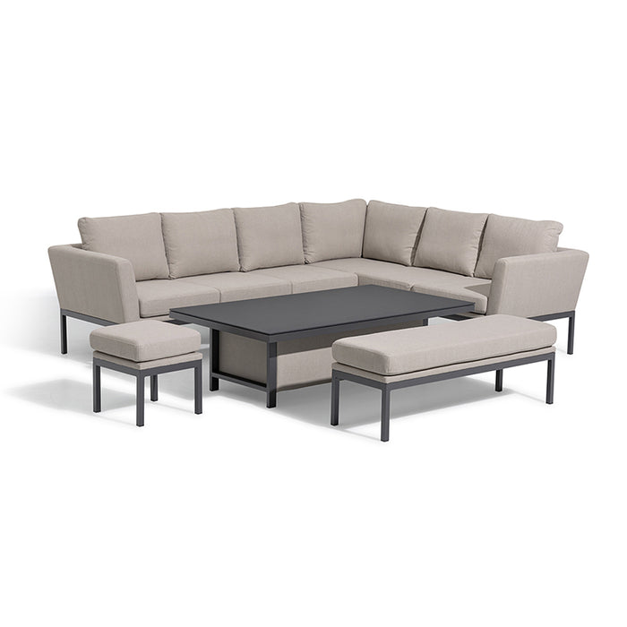 Chic Pulse left-handed dining set arranged on a classic patio, displaying the versatile rising table, grey upholstered sofas, and ottomans, ideal for outdoor dining and relaxation.