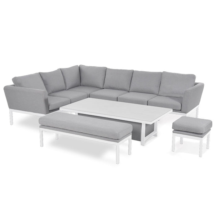 Sleek Pulse Left-Handed Rectangular Corner Dining Set with Rising Table displayed on a white background, featuring lead chine grey cushions for a minimalist modern outdoor look.