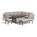 Elegant Pulse left-handed corner dining set featuring a rising table, sectional grey sofa with plush back cushions, and two versatile ottomans against a clean white background.