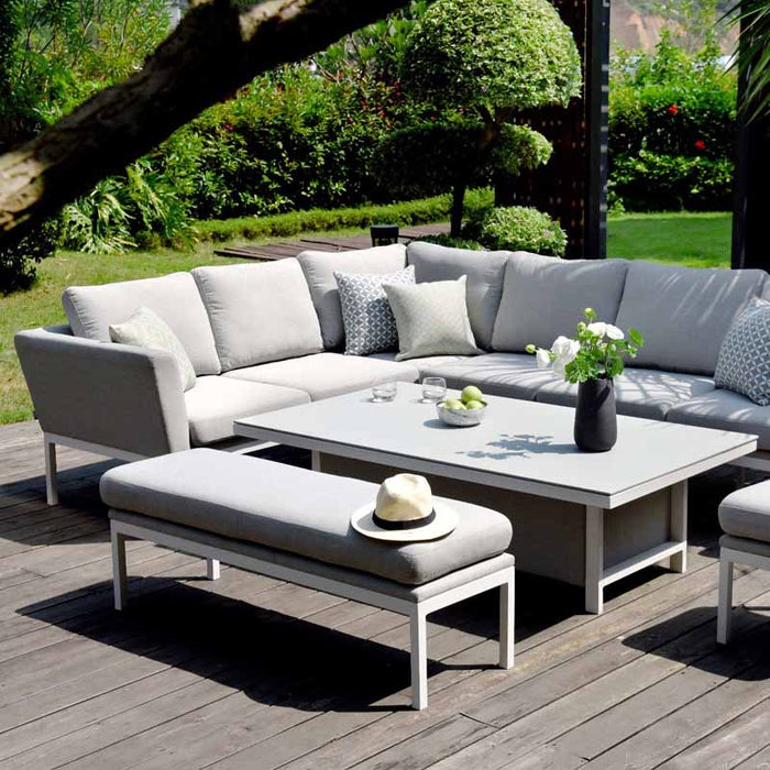 Stylish corner sofa setup of the Pulse Rectangular Corner Dining Set with Rising Table, complete with comfortable cushions and a large table, ideal for both casual and formal outdoor gatherings.