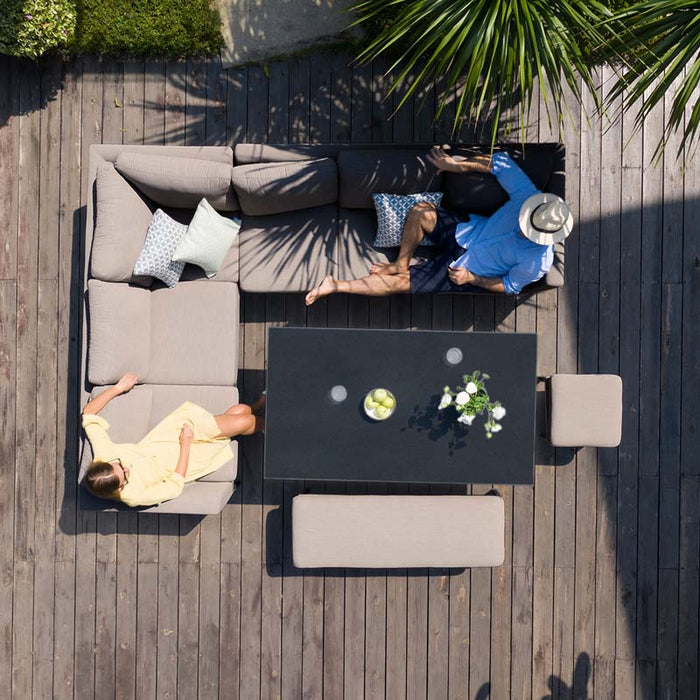 Top-down view of the Maze Pulse Rectangular Corner Dining Set with Rising Table, showcasing the taupe seating arrangement.