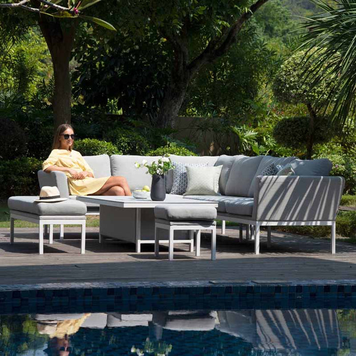 Pulse Rectangular Corner Dining Set with Rising Table in Lead Chine, ideal for poolside relaxation.