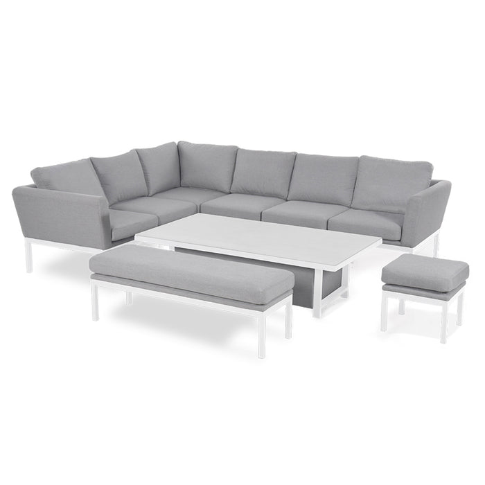 The Pulse Rectangular Corner Dining Set with Rising Table in a sleek Lead Chine finish, featuring a white background, highlighting its elegant design and spacious seating.