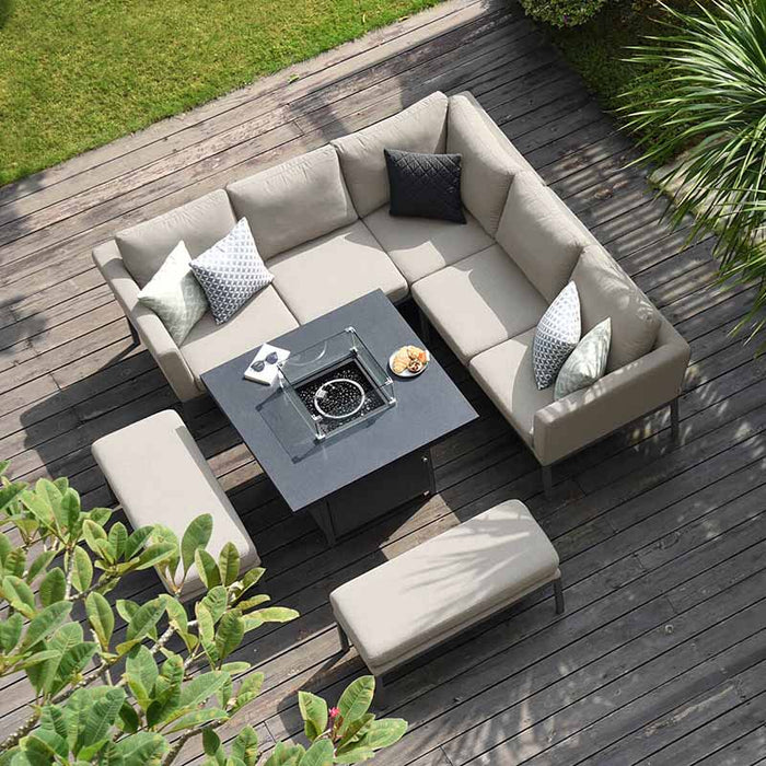 Another overhead shot of the Pulse Corner Dining Set in oatmeal, featuring plush seating and a contemporary fire pit table for garden use.