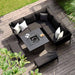 A modern outdoor corner sofa set with a fire pit table and elegant charcoal cushions, offering ample seating space and comfort.