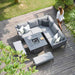 A bird's-eye view of the Pulse Square Corner Dining Set with Fire Pit, highlighting the layout and Flanelle cushions.