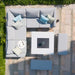  Overhead shot of the Pulse Square Corner Dining Set in lead chine, with spacious seating and a central fire pit table for outdoor dining.