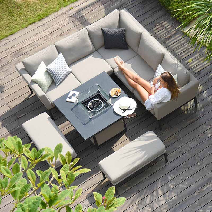 Top view of the Pulse Square Corner Dining Set in oatmeal, complete with a sleek fire pit table, ideal for outdoor dining and leisure.