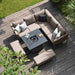 Birdseye view of the Maze Pulse Square Corner Dining Set with Fire Pit in taupe, arranged for an outdoor seating area with cushions and a fire pit table in the centre.