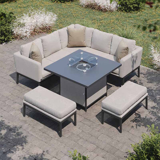 Modern Pulse Square Corner Dining Set with Fire Pit in oatmeal, featuring sleek grey aluminium frame, deep-filled cushions, and spacious benches for outdoor lounging. Centrepiece fire pit table with glass screen, perfect for cosy outdoor gatherings.