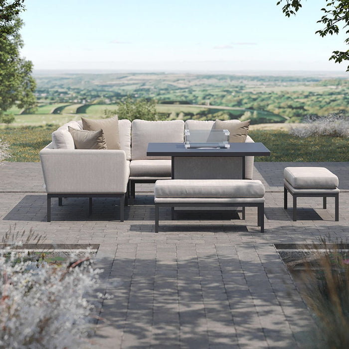 Contemporary Pulse Square Corner Dining Set, featuring plush oatmeal cushions and a fire pit table, providing an ideal outdoor seating area for family gatherings.