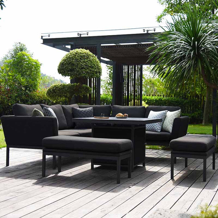 A luxurious corner dining set with a fire pit, durable charcoal cushions, and bench seating, ideal for outdoor relaxation.