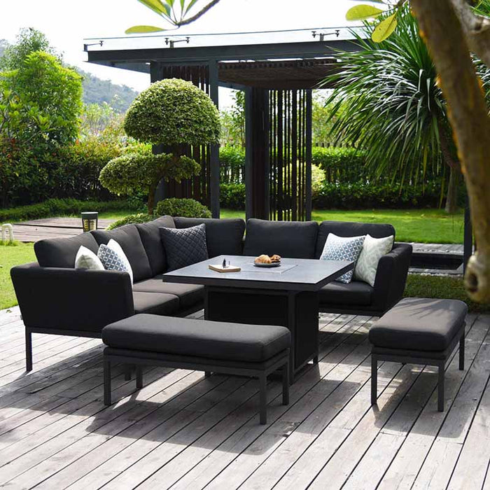 A complete outdoor furniture set featuring plush charcoal cushions, sleek aluminium frame, and a central fire pit table for entertaining.