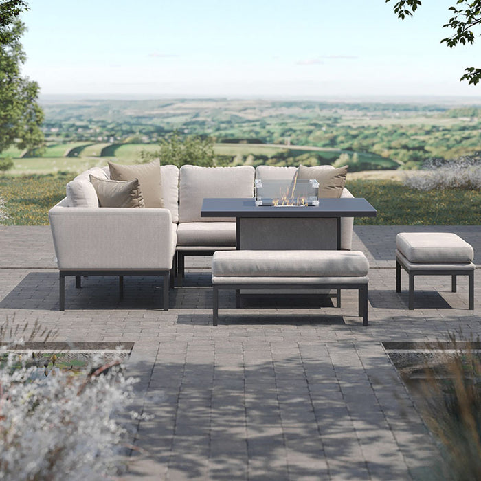 Complete outdoor furniture set with the Pulse Square Corner Dining Set in oatmeal, featuring a fire pit table and comfortable seating for stylish outdoor entertaining.