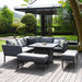 Pulse Square Corner Dining Set with Fire Pit in flanelle, featuring plush grey cushions and a sleek fire pit table, set in a stylish garden setting, perfect for outdoor dining and relaxation.