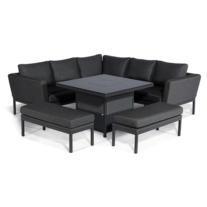 Pulse Square Corner Dining Set with Fire Pit in charcoal, featuring a sleek aluminium frame, deep-filled charcoal cushions, and spacious bench seating, centred around a modern square fire pit table, ideal for outdoor dining and relaxation.