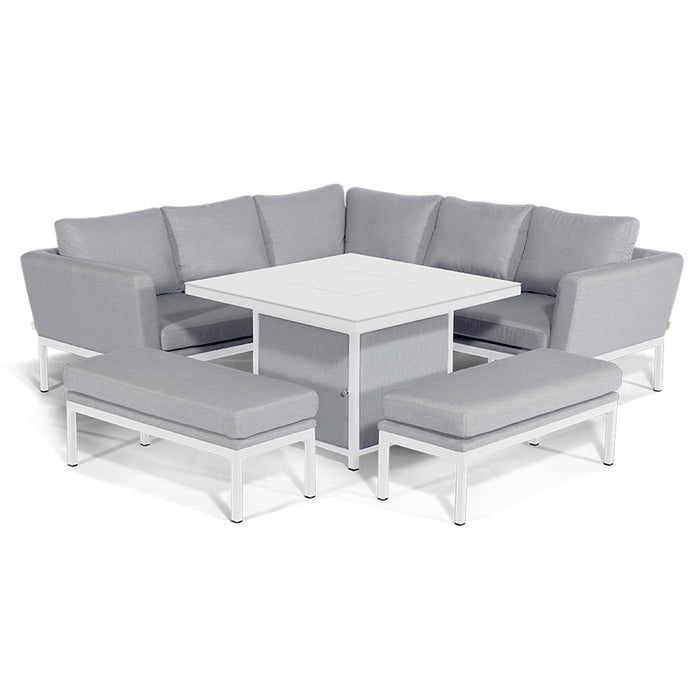 Pulse Square Corner Dining Set with Fire Pit in lead chine, featuring soft grey cushions and a sleek aluminium frame, with a modern fire pit table at the centre, perfect for stylish outdoor lounging and dining.