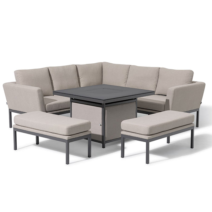 A contemporary Pulse Square Corner Dining Set with comfortable oatmeal cushions and a sleek aluminium fire pit table, ideal for outdoor entertaining.