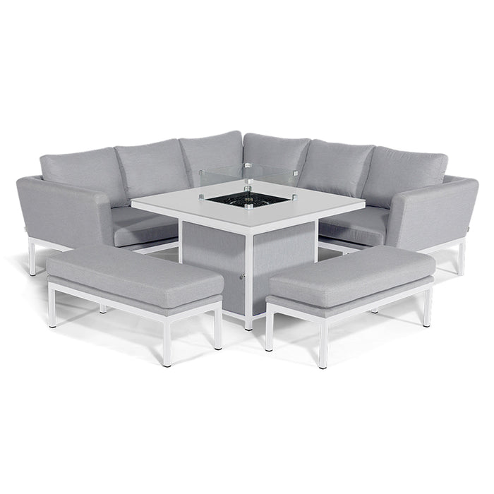 Sophisticated Pulse Square Corner Dining Set with lead chine cushions, featuring a modern fire pit table and durable aluminium frame, perfect for stylish outdoor gatherings.