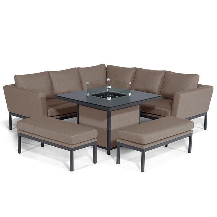 A complete view of the Pulse Square Corner Dining Set with Fire Pit in taupe, featuring a sleek square table with fire pit and cushioned seating for outdoor dining and relaxation.