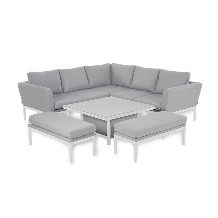 Complete Pulse Square Corner Dining Set with Rising Table, shown with grey cushioned corner sofa and two matching benches. Adjustable table for flexible dining and seating arrangement.