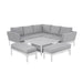 Complete Pulse Square Corner Dining Set with Rising Table, shown with grey cushioned corner sofa and two matching benches. Adjustable table for flexible dining and seating arrangement.