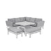 Pulse Square Corner Dining Set featuring a grey corner sofa and two grey cushioned benches. Rising square table designed for both lounging and dining, presented against a white backdrop.