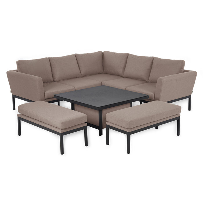 Pulse Square Corner Dining Set with Rising Table in Taupe the table lowered for relaxed outdoor lounging.