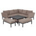 Pulse Square Corner Dining Set with Rising Table in Taupe the table lowered for relaxed outdoor lounging.