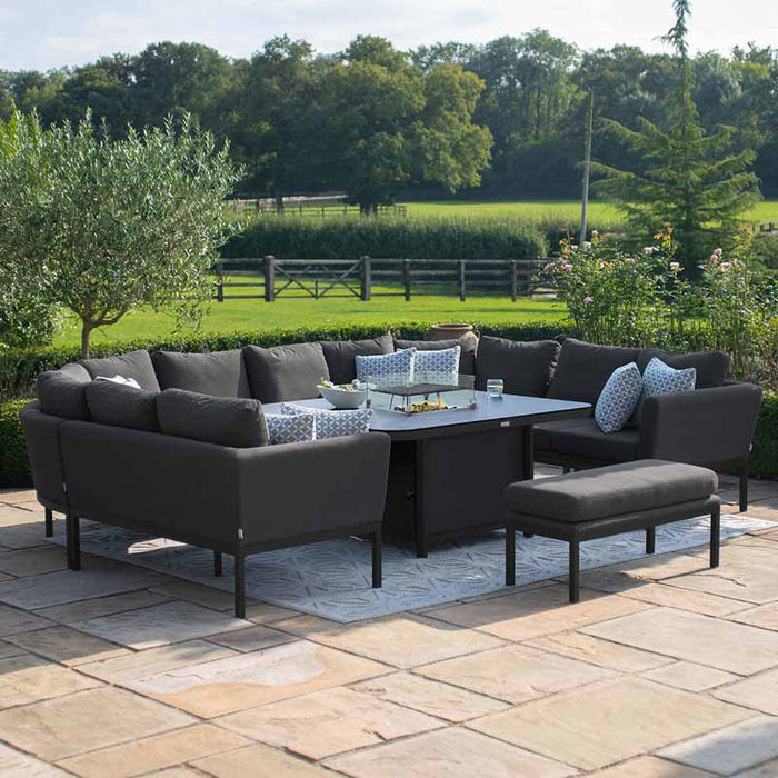 The full layout of the Pulse U Shape Corner Dining Set with Fire Pit in charcoal, showcasing its spacious seating and modern design, ideal for garden or patio gatherings.