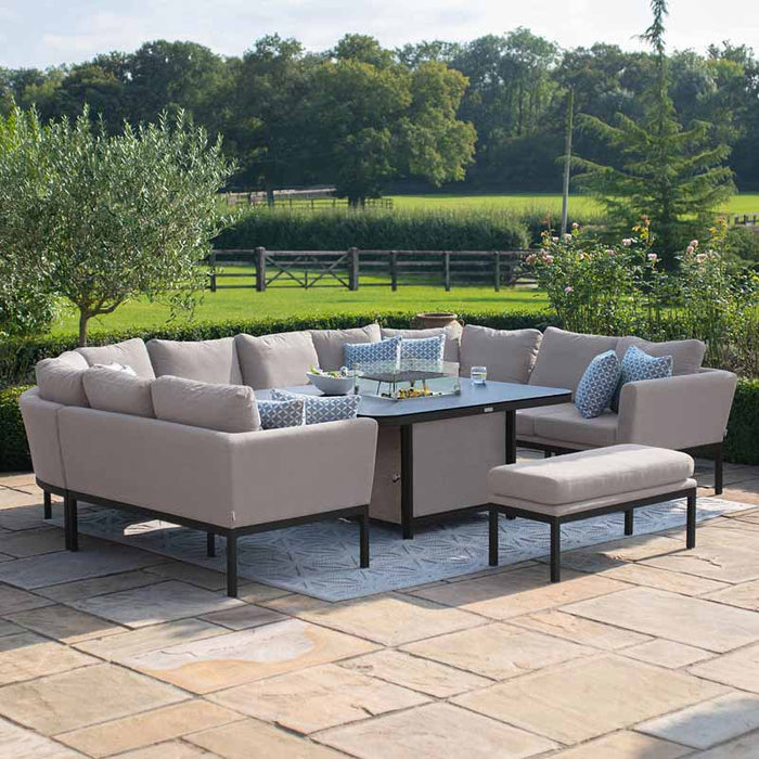 The Pulse U Shape Corner Dining Set in taupe with a sleek central fire pit, offering a spacious and stylish outdoor dining and seating area, perfect for relaxation.