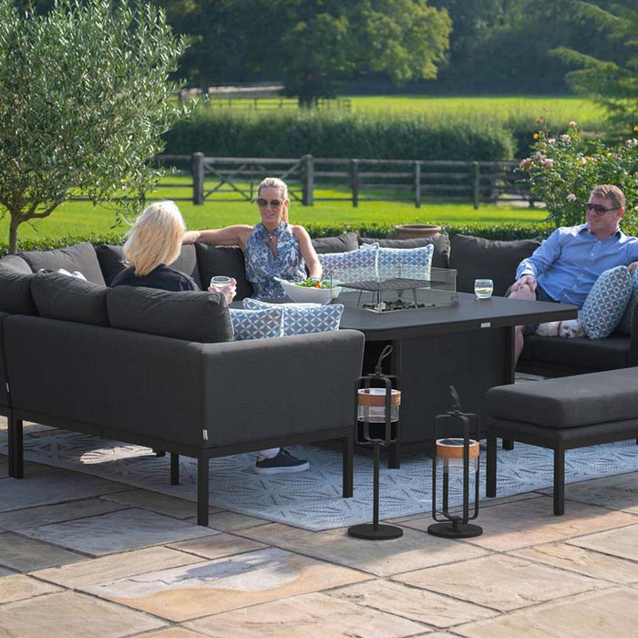 A side angle of the Pulse U Shape Corner Dining Set, showcasing its ample seating space and the fire pit as a central feature for outdoor entertainment.