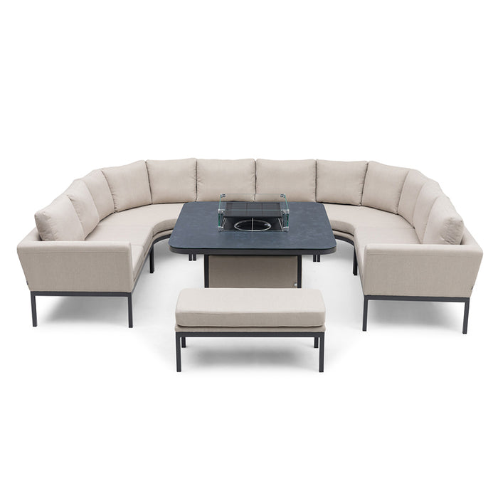 Pulse U Shape Corner Dining Set with Fire Pit in oatmeal, featuring a sleek square fire pit table with a glass guard and cushioned seating for outdoor comfort.