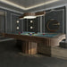 Stylish MBM Biliardi Amelia pool table with blue felt, placed in a high-end game room featuring architectural wall panelling and ambient lighting.