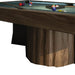 Close-up of MBM Biliardi Amelia pool table's sculpted walnut wood base and detailed edge craftsmanship, highlighting luxurious finishes and solid construction.