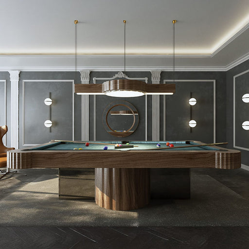 MBM Biliardi Amelia pool table in a sophisticated interior setting, with elegant pendant lighting and a modern classic décor, perfect for luxury homes.