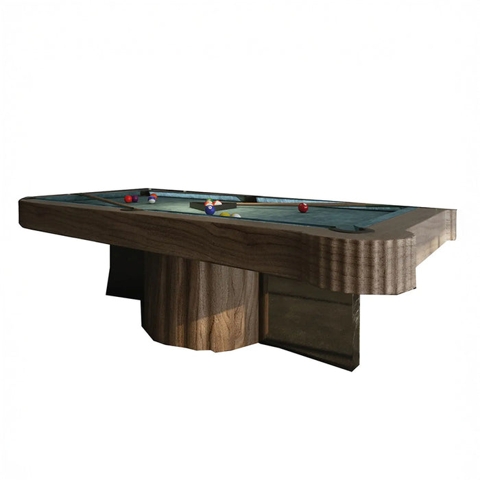 MBM Biliardi Amelia luxury pool table in walnut wood finish with blue felt, showcasing modern design and premium materials for contemporary game rooms.
