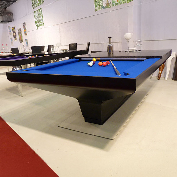 Close-up of MBM Biliardi B_ig Pool Table with royal blue felt and black matte finish, showcasing modern billiard design.