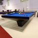 Close-up of MBM Biliardi B_ig Pool Table with royal blue felt and black matte finish, showcasing modern billiard design.