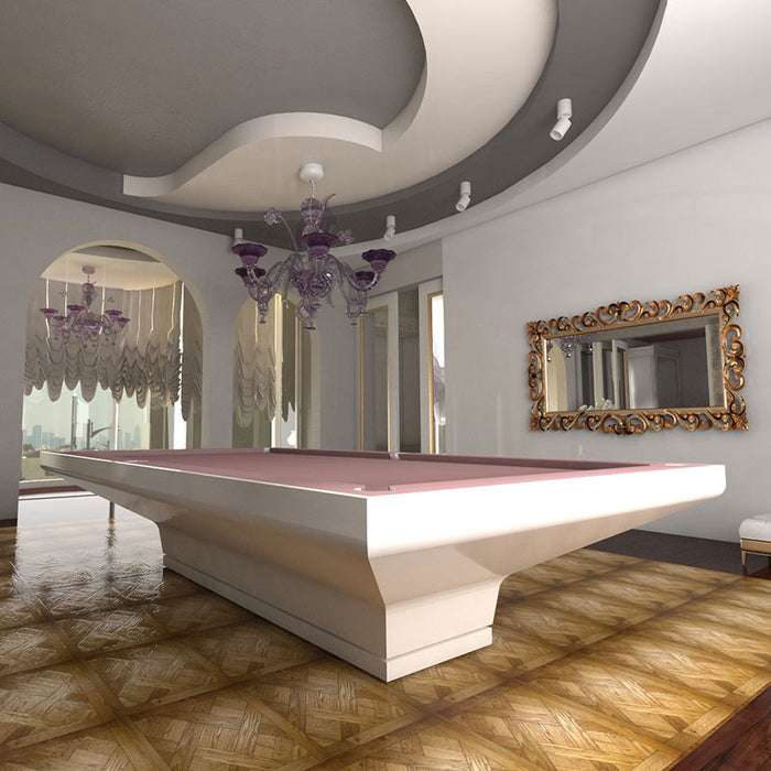 Elegant white MBM Biliardi B_ig Pool Table with blush pink felt set beneath statement chandeliers in a luxury games room.