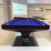 Front view of MBM Biliardi B_ig Pool Table with dark wood frame and vivid blue felt, staged in a sleek modern showroom.