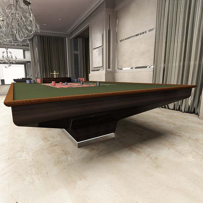 MBM Biliardi B_ig Pool Table in elegant green cloth with poker chips, blending billiards and gaming luxury in a high-end room.