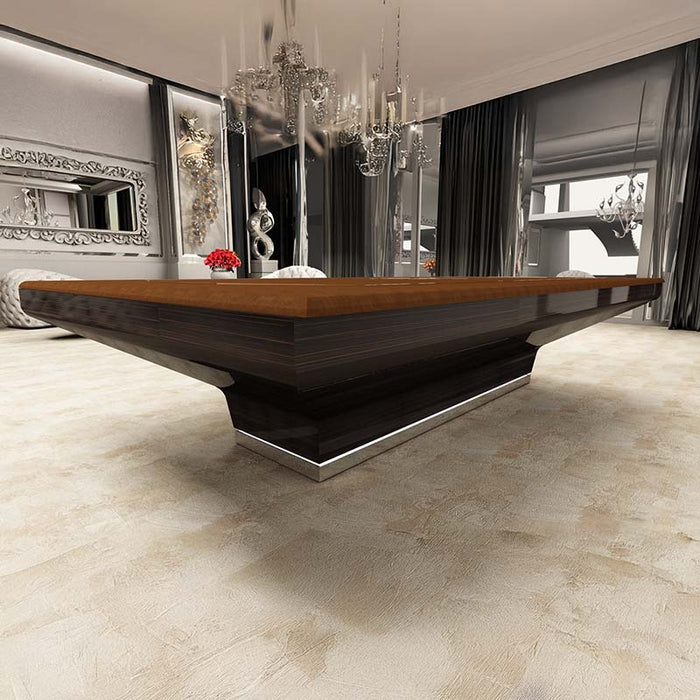Back view of MBM Biliardi B_ig Pool Table with sleek dark wood base and brown felt top in a sophisticated luxury setting.
