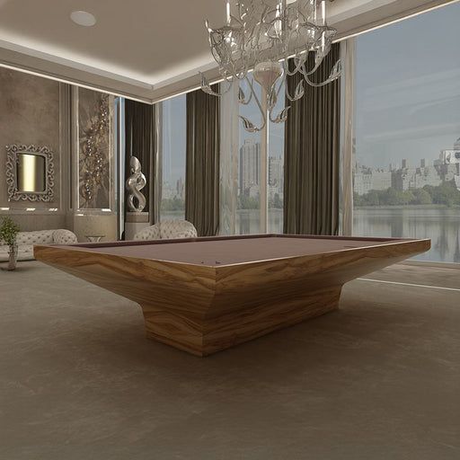 Contemporary MBM Biliardi B_ig Pool Table with natural wood texture and muted felt, positioned in a skyline-facing interior with sophisticated styling.
