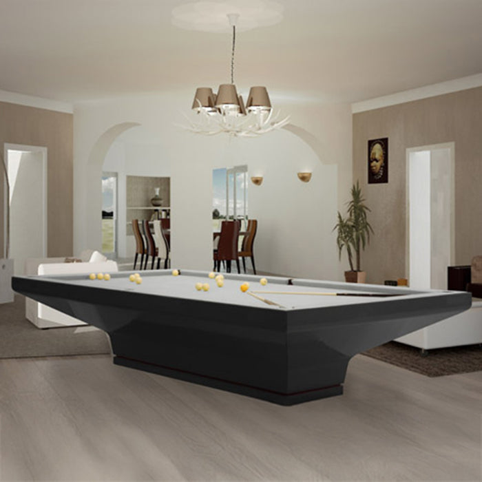 Elegant black MBM Biliardi B_ig Pool Table with beige playing surface, placed in a premium home setting alongside stylish living and dining areas.