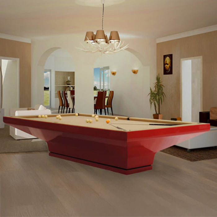 MBM Biliardi B_ig Pool Table in glossy red finish and neutral beige felt, placed in a warm-toned open-plan home with classic furnishings.