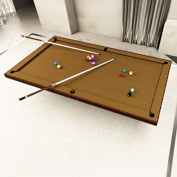 Top view of MBM Biliardi B_ig Pool Table with brown cloth, billiard balls and cues arranged for play in a minimalist interior