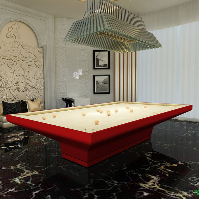 MBM Biliardi B_ig Pool Table with vibrant red finish and ivory felt, styled in a luxurious interior with elegant wall detailing and chandelier lighting.